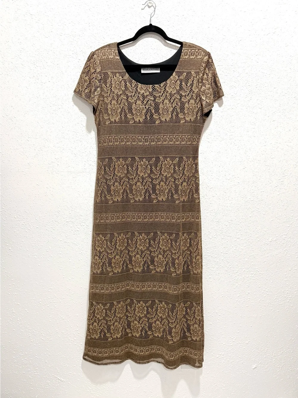 Jessica‎ Howard gold metallic Crochet Lace Short-Sleeve Midi Dress 8